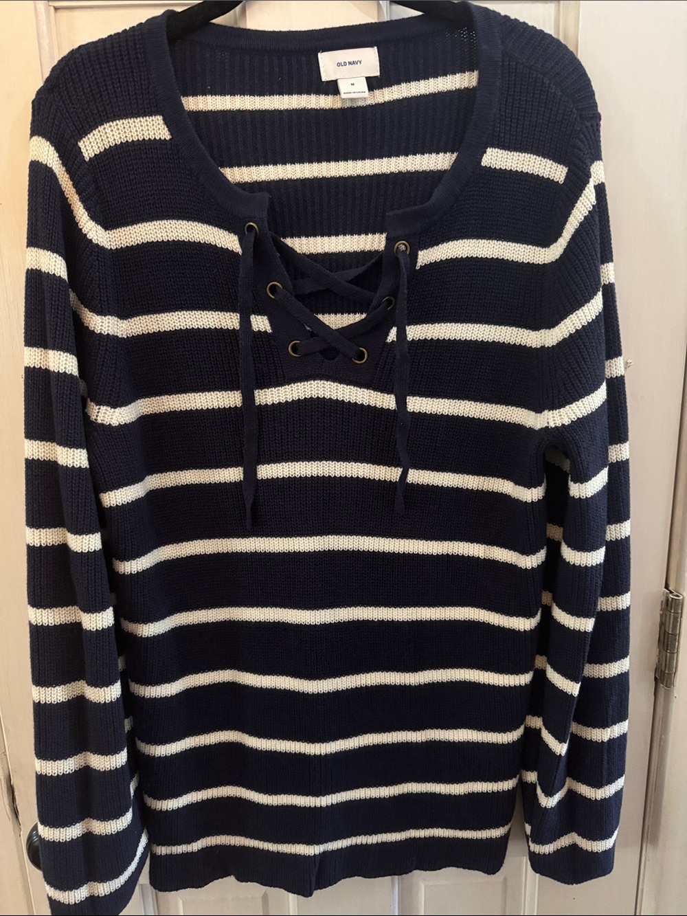 Old Navy Navy and White Lace-Up Striped Knit Sweater